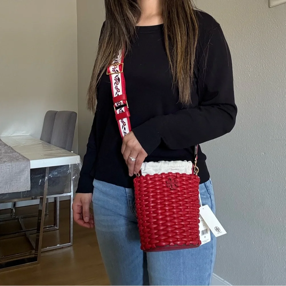 NWT Emerson Warm Red Woven mini Bucket Bag with Embroidered Strap